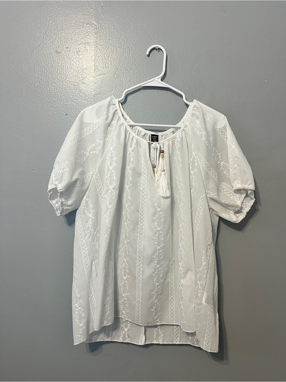 SHEIN White Embroidered Tassel Peasant Blouse